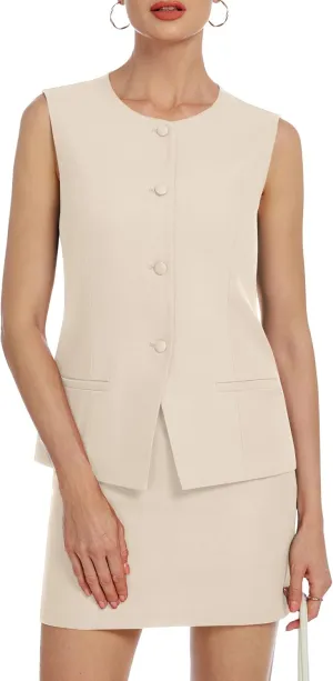Womens Two Piece Blazer Outfits Skirt Set Button Down Vest Short Skort Crew Neck Summer Business Casual Suit