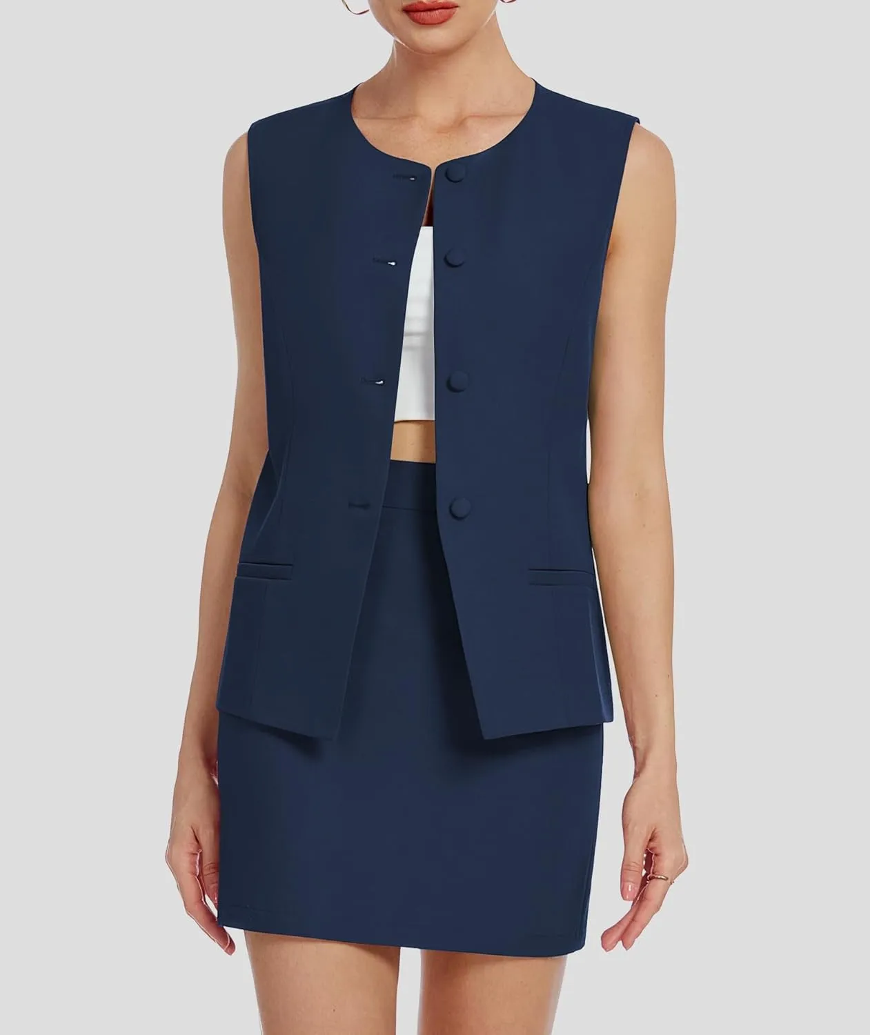 Womens Two Piece Blazer Outfits Skirt Set Button Down Vest Short Skort Crew Neck Summer Business Casual Suit