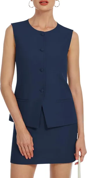 Womens Two Piece Blazer Outfits Skirt Set Button Down Vest Short Skort Crew Neck Summer Business Casual Suit