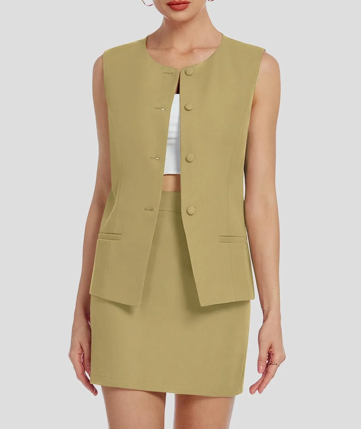 Womens Two Piece Blazer Outfits Skirt Set Button Down Vest Short Skort Crew Neck Summer Business Casual Suit