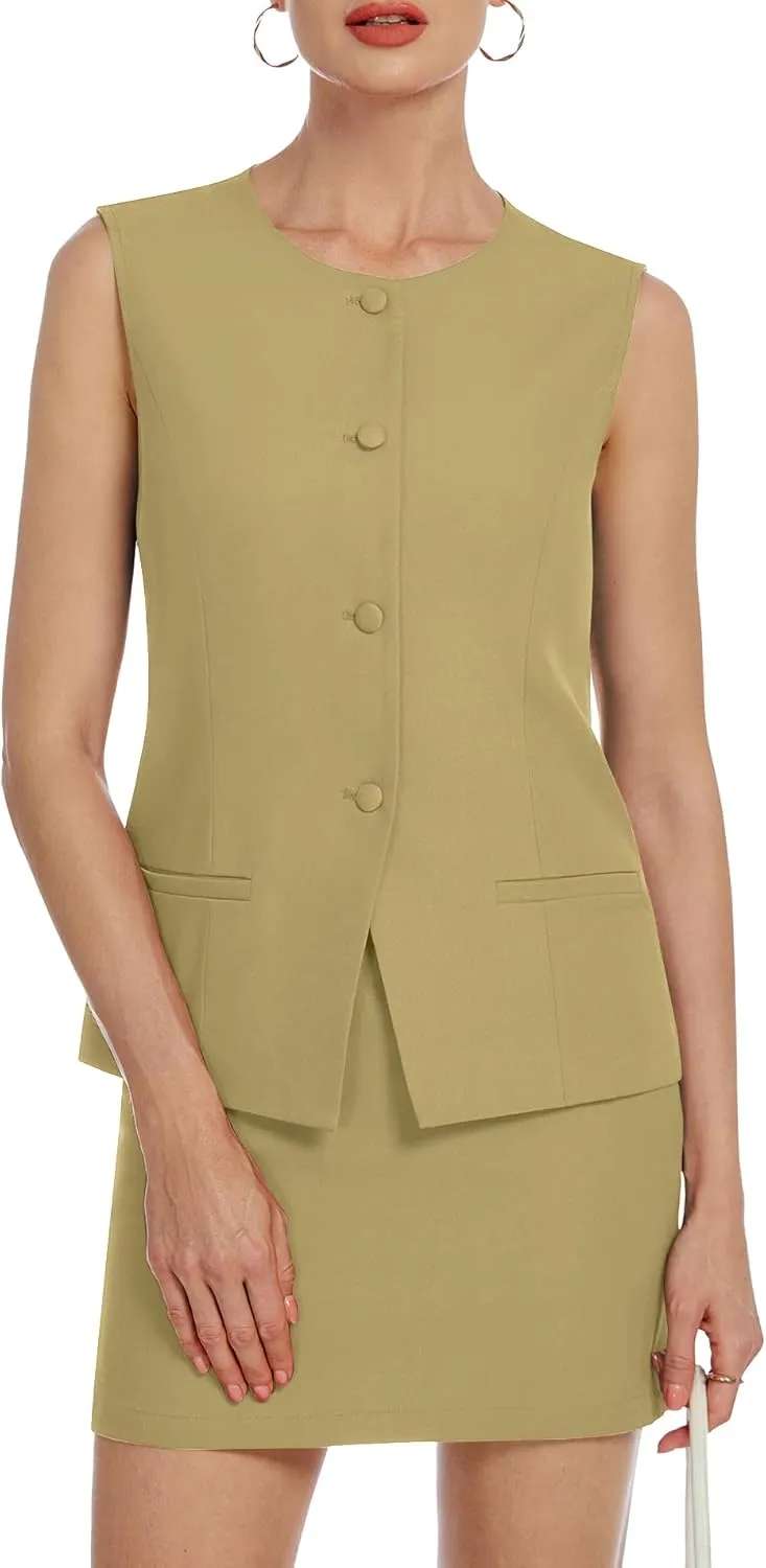 Womens Two Piece Blazer Outfits Skirt Set Button Down Vest Short Skort Crew Neck Summer Business Casual Suit