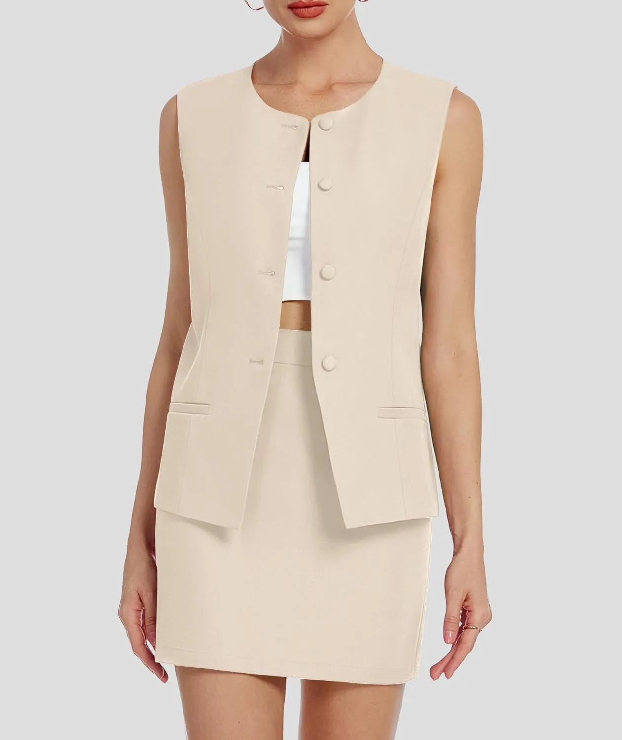 Womens Two Piece Blazer Outfits Skirt Set Button Down Vest Short Skort Crew Neck Summer Business Casual Suit