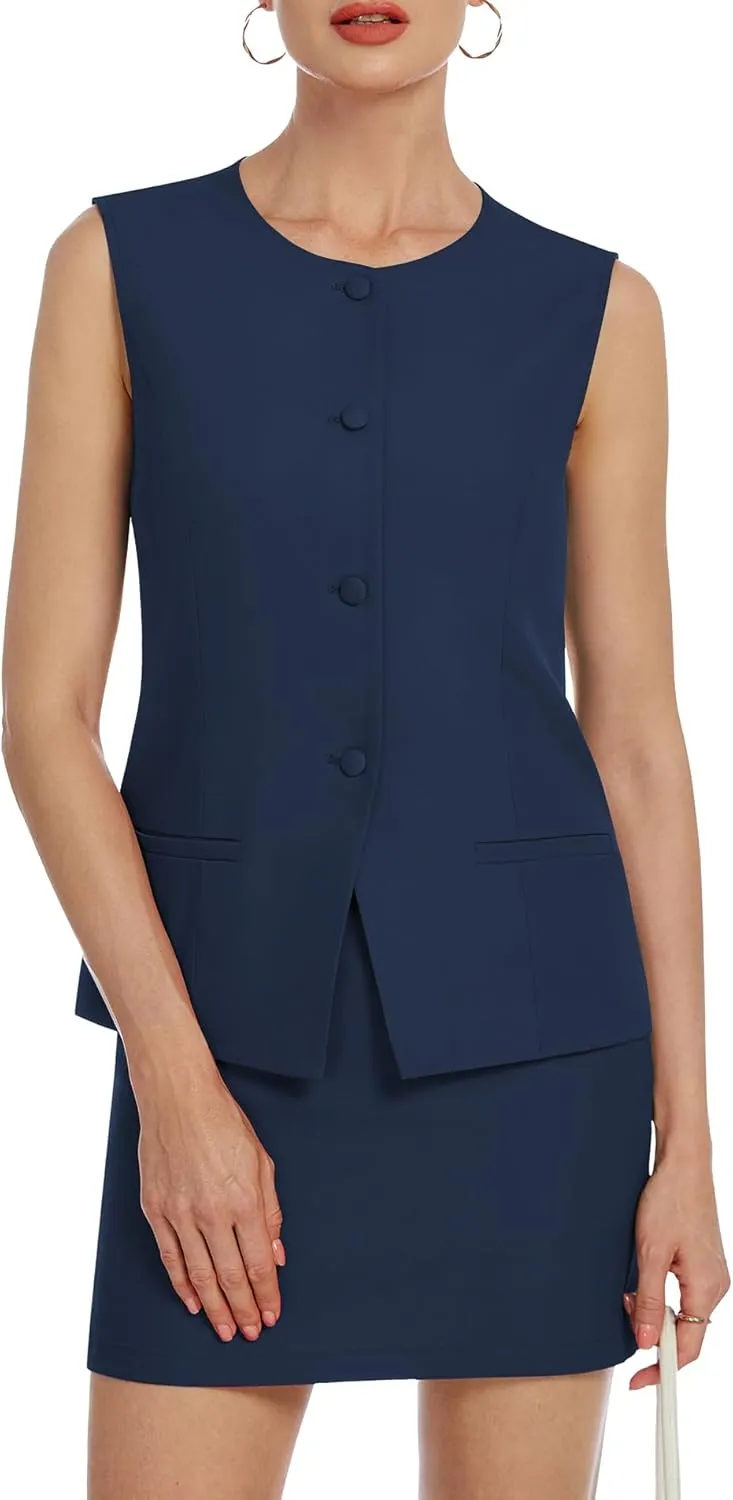 Womens Two Piece Blazer Outfits Skirt Set Button Down Vest Short Skort Crew Neck Summer Business Casual Suit