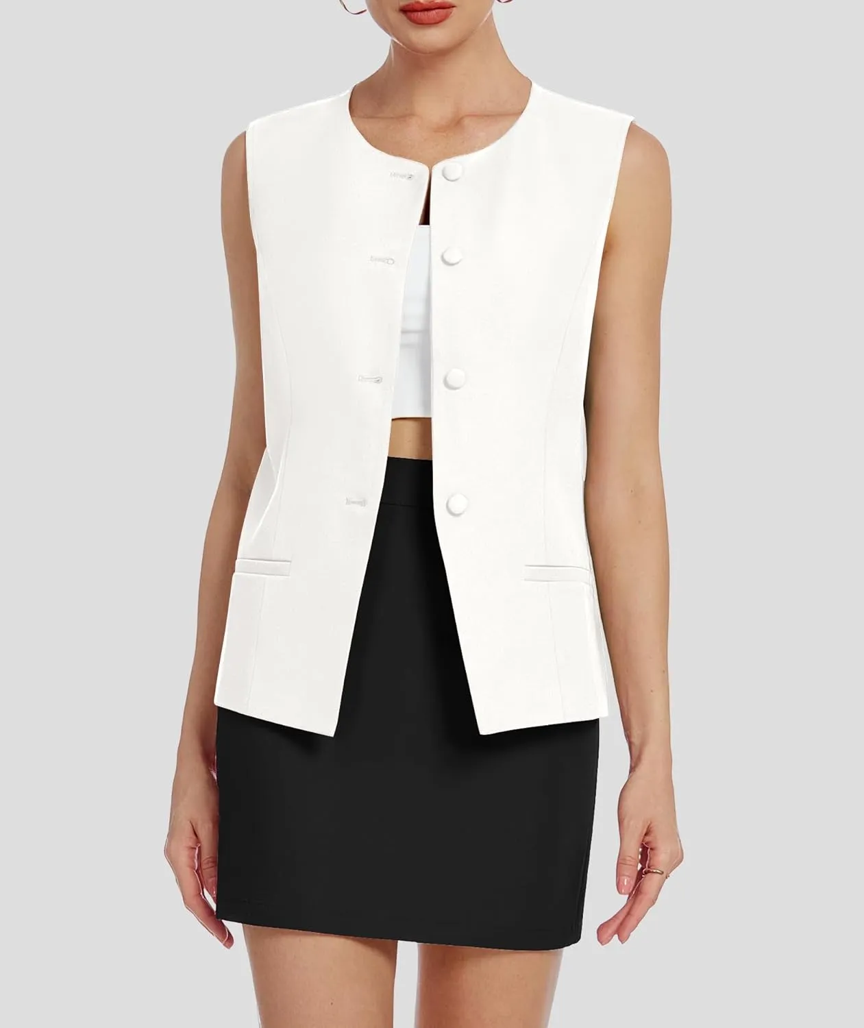 Womens Two Piece Blazer Outfits Skirt Set Button Down Vest Short Skort Crew Neck Summer Business Casual Suit