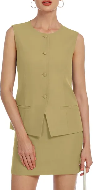 Womens Two Piece Blazer Outfits Skirt Set Button Down Vest Short Skort Crew Neck Summer Business Casual Suit