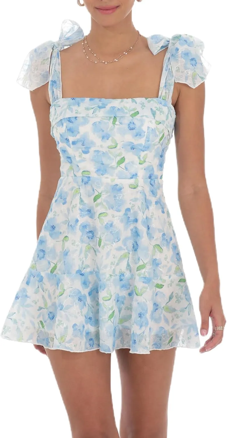 Women's Y2k Floral Print Mini Dress Bow Tie Shoulder Ruffle Babydoll A-Line Sundress Summer Going Out Dress