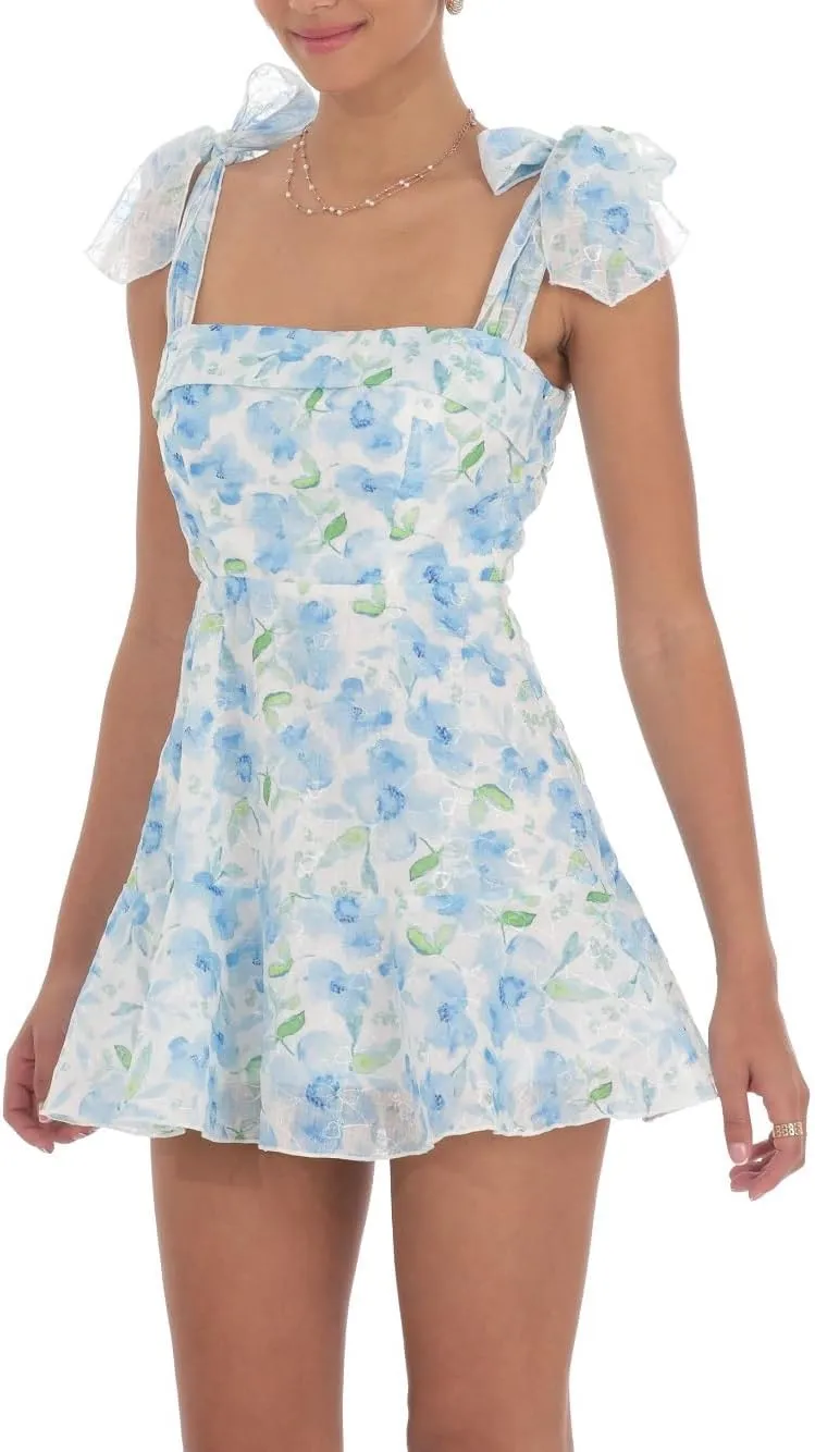 Women's Y2k Floral Print Mini Dress Bow Tie Shoulder Ruffle Babydoll A-Line Sundress Summer Going Out Dress