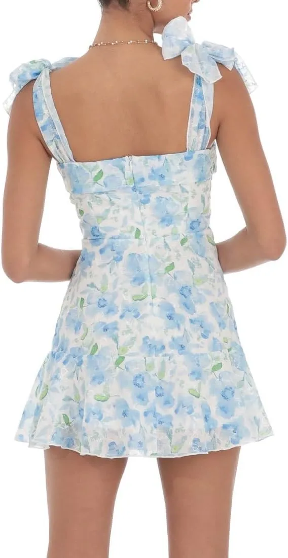 Women's Y2k Floral Print Mini Dress Bow Tie Shoulder Ruffle Babydoll A-Line Sundress Summer Going Out Dress