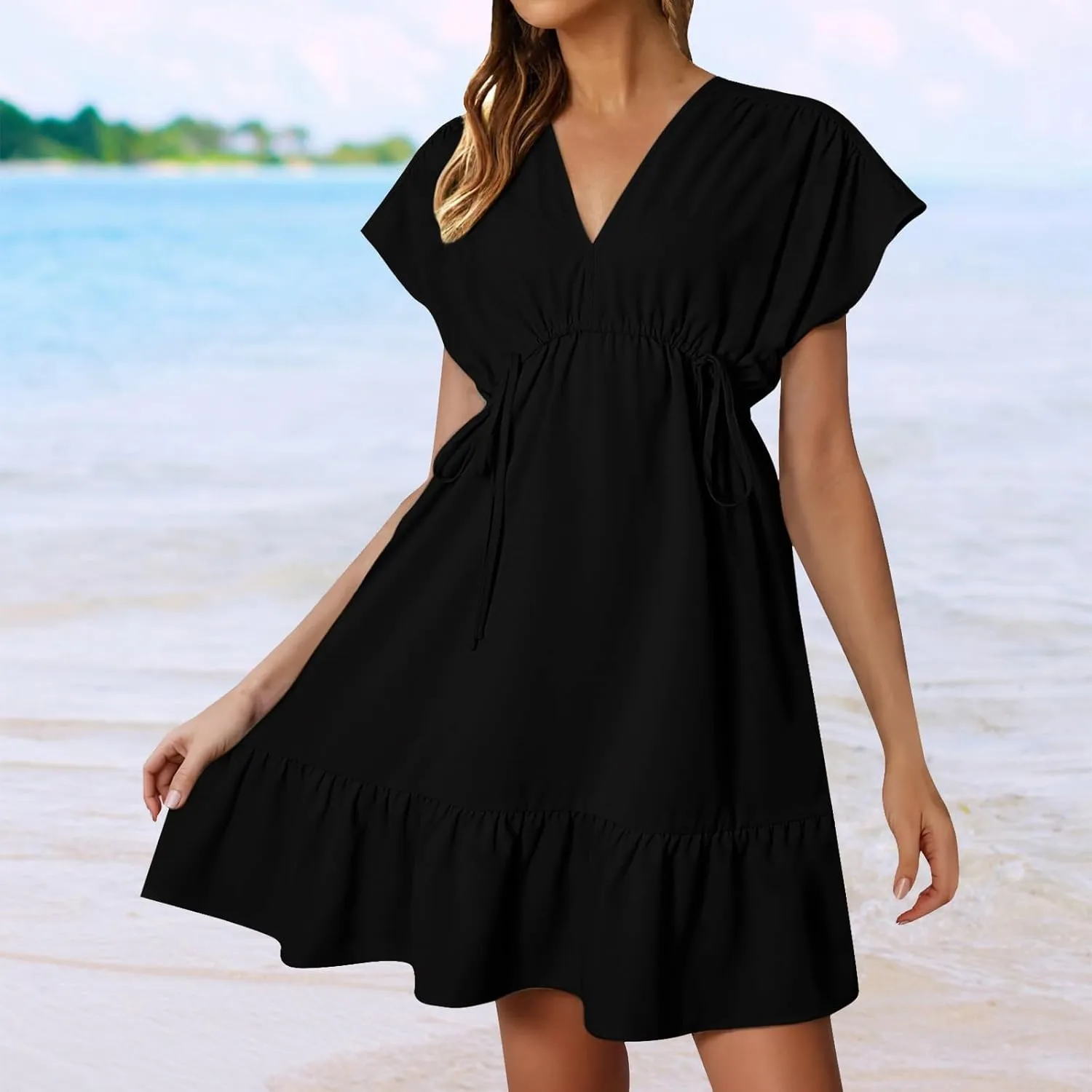 XOWRTE Womens Summer Dresses Short Sleeve V Neck Empire Waist Drawstring Casual Ruffle A-Line Swing Mini Babydoll Dress