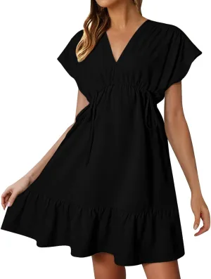 XOWRTE Womens Summer Dresses Short Sleeve V Neck Empire Waist Drawstring Casual Ruffle A-Line Swing Mini Babydoll Dress