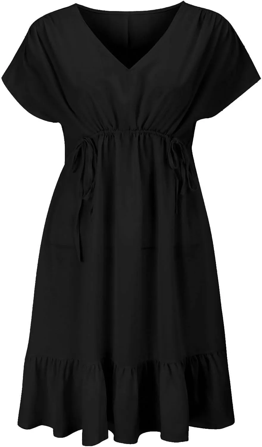 XOWRTE Womens Summer Dresses Short Sleeve V Neck Empire Waist Drawstring Casual Ruffle A-Line Swing Mini Babydoll Dress