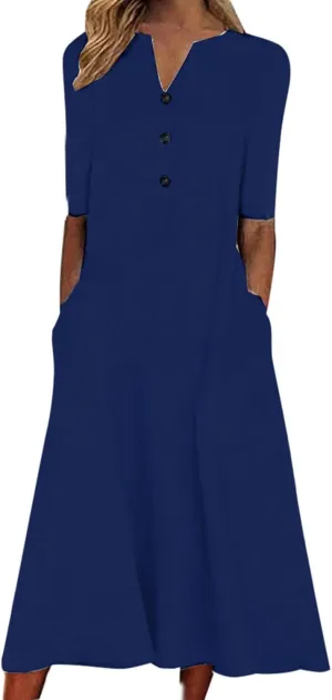XUNRYAN 2025 Dresses Women Summer Casual Button Flowy Pleated Short Sleeve V-Neck Knee Length Midi Dress Beach Sundress