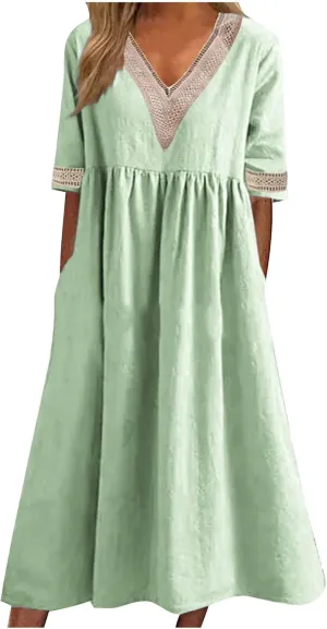 XUNRYAN 2025 Dresses Women Summer Casual Button Flowy Pleated Short Sleeve V-Neck Knee Length Midi Dress Beach Sundress