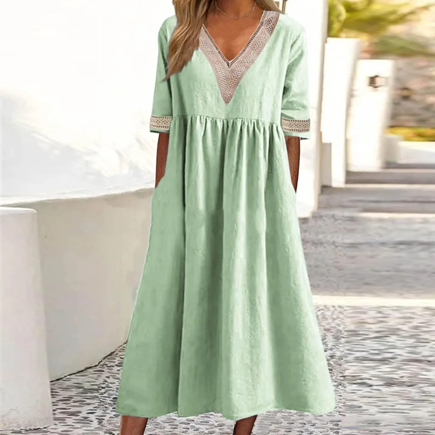 XUNRYAN 2025 Dresses Women Summer Casual Button Flowy Pleated Short Sleeve V-Neck Knee Length Midi Dress Beach Sundress