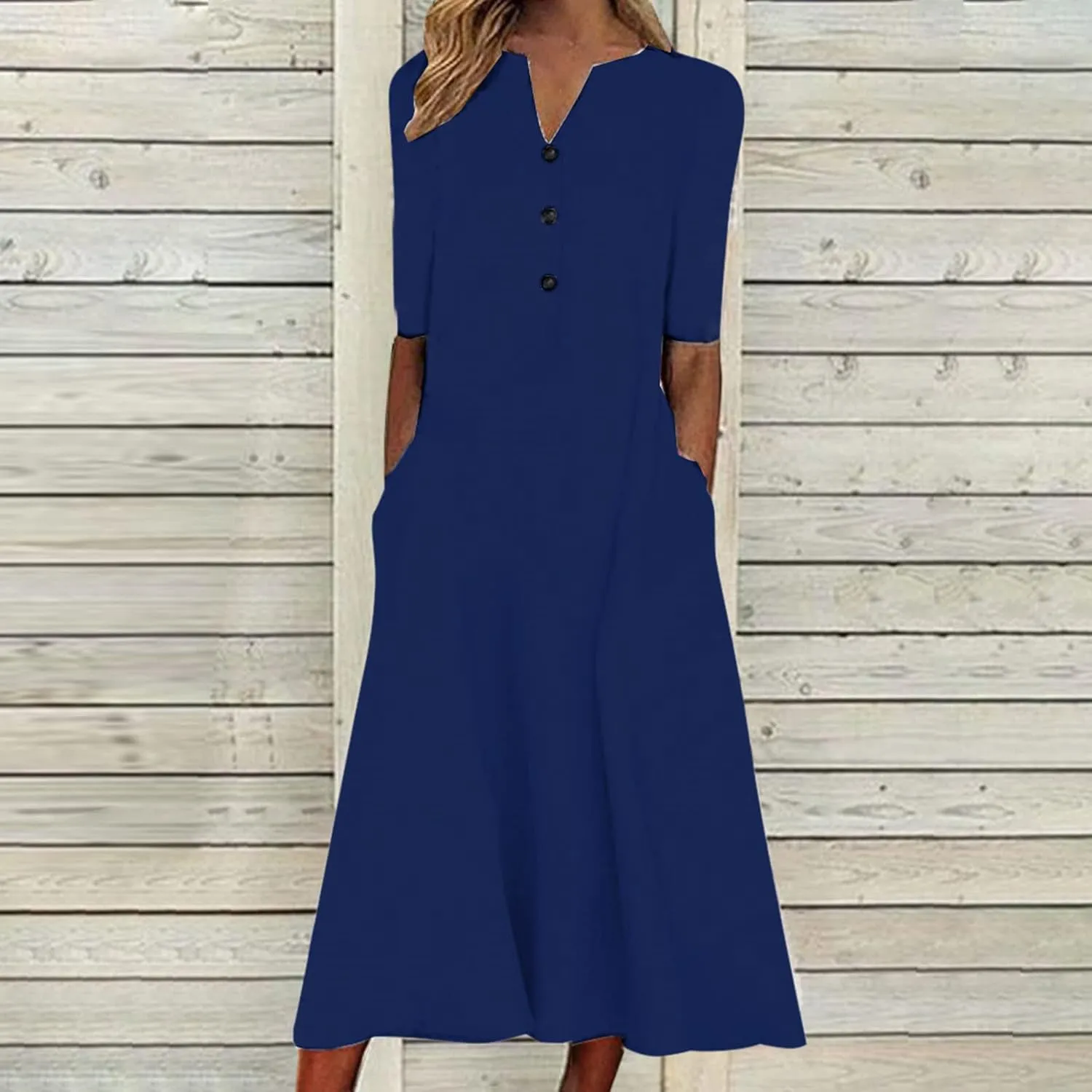 XUNRYAN 2025 Dresses Women Summer Casual Button Flowy Pleated Short Sleeve V-Neck Knee Length Midi Dress Beach Sundress