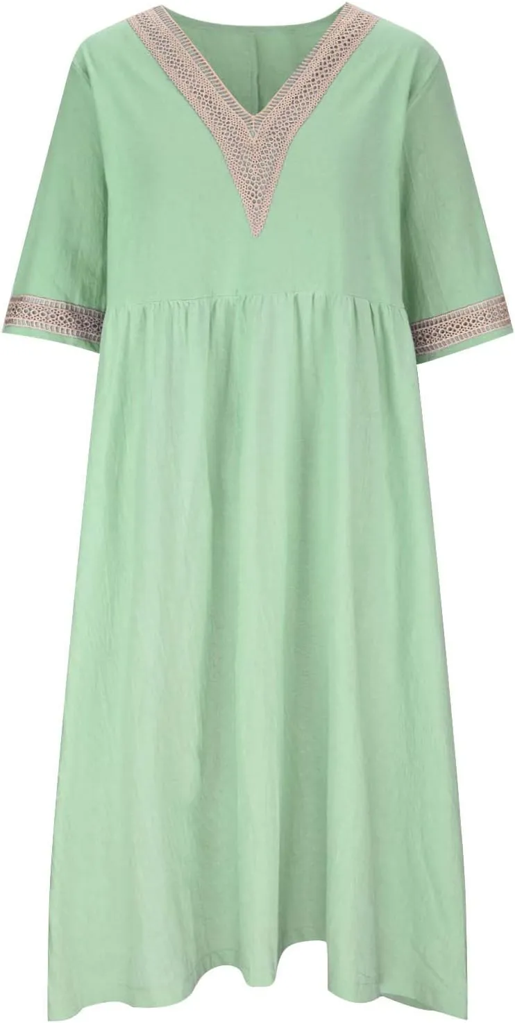 XUNRYAN 2025 Dresses Women Summer Casual Button Flowy Pleated Short Sleeve V-Neck Knee Length Midi Dress Beach Sundress