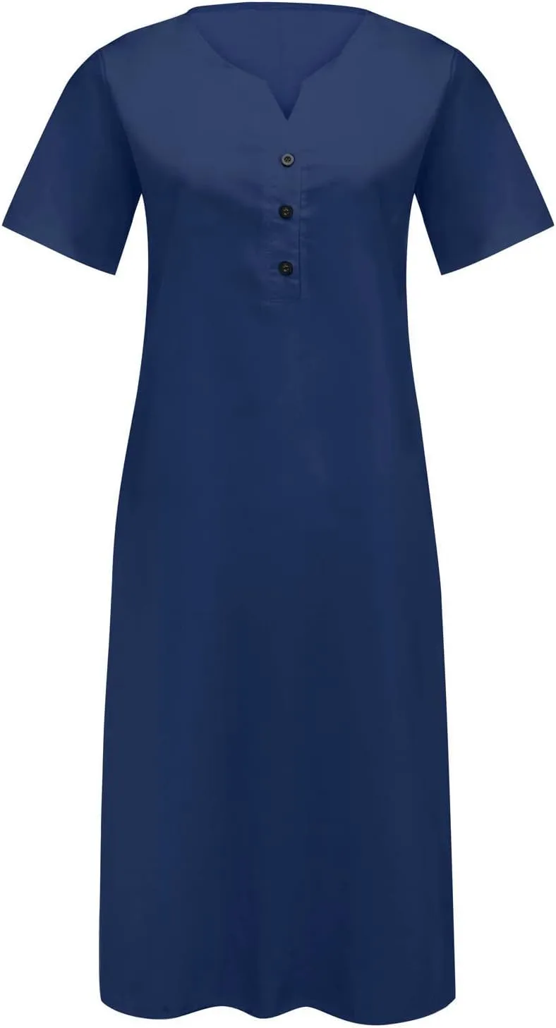 XUNRYAN 2025 Dresses Women Summer Casual Button Flowy Pleated Short Sleeve V-Neck Knee Length Midi Dress Beach Sundress