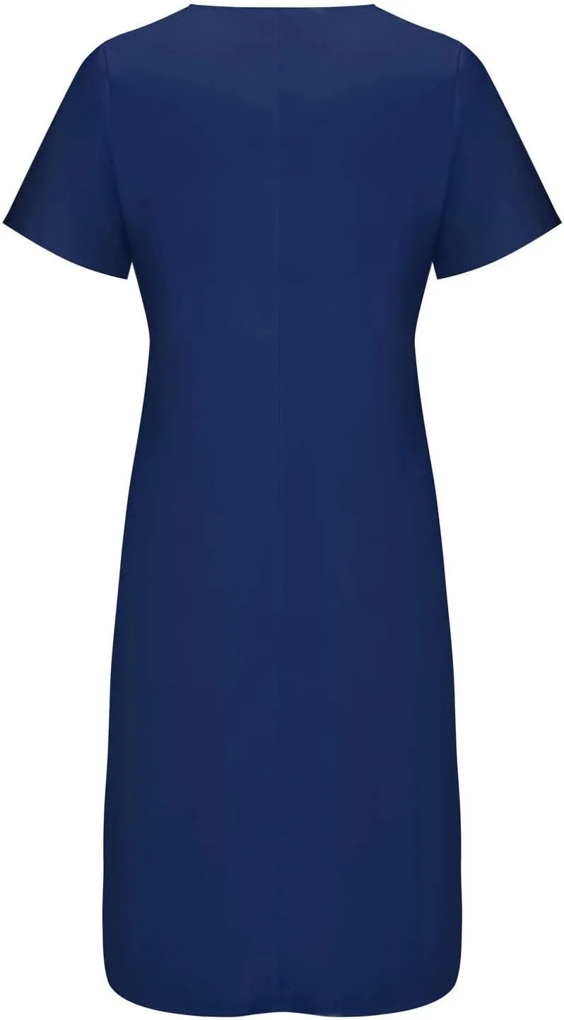 XUNRYAN 2025 Dresses Women Summer Casual Button Flowy Pleated Short Sleeve V-Neck Knee Length Midi Dress Beach Sundress