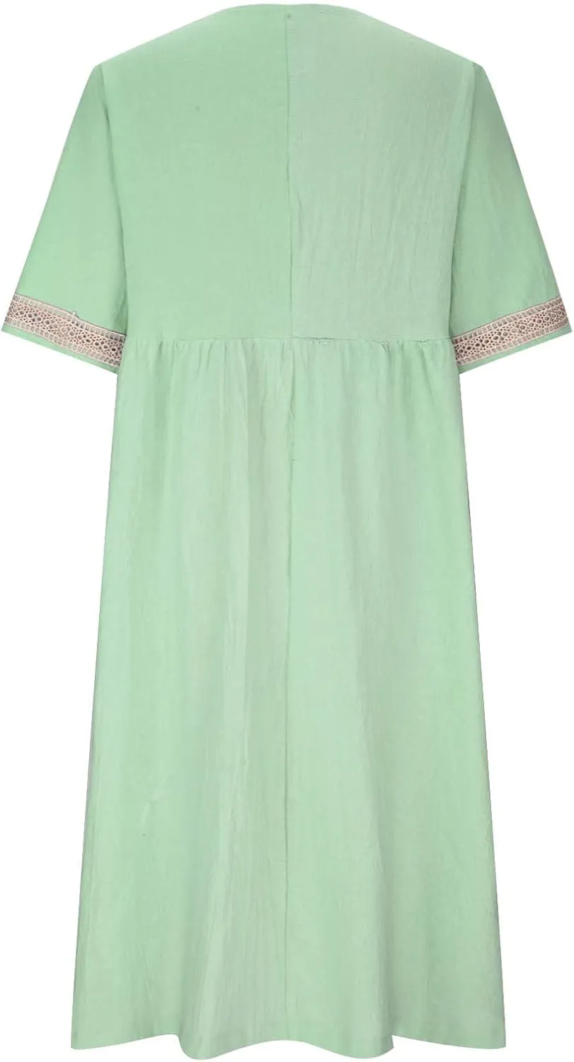 XUNRYAN 2025 Dresses Women Summer Casual Button Flowy Pleated Short Sleeve V-Neck Knee Length Midi Dress Beach Sundress