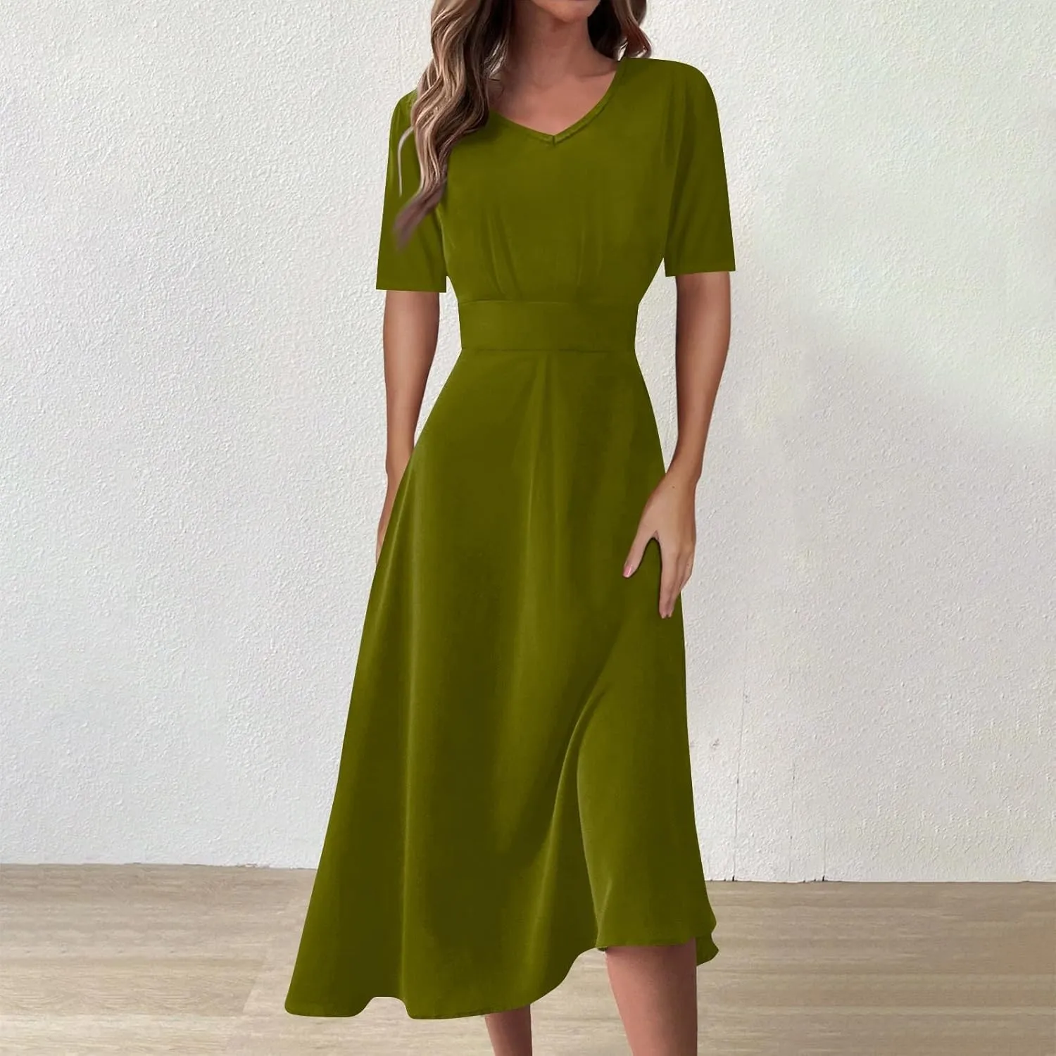 Yesunpxs Summer Dresses for Women Flowy Swing Long Dress Trendy V Neck Waist Maxi Dress Floral Printed Short Sleeve Dress