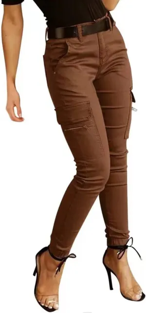 yoeasy Women Solid Color Slim Fit Cargo Pants Casaul Pocket High Waist Cargo Trouser