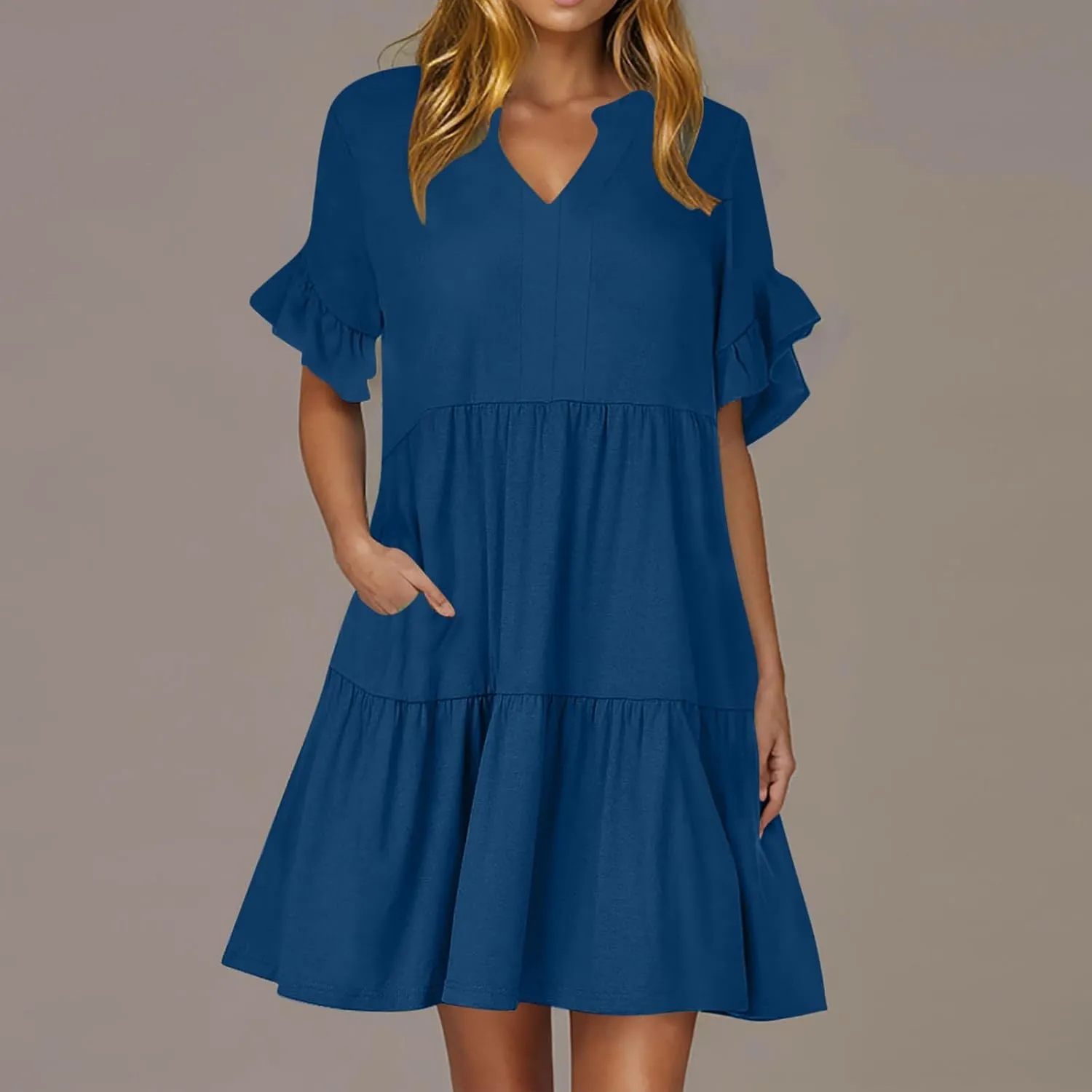 YRAETENM Summer Dresses for Women Ruffle Short Sleeve V Neck a Line Sundress Tiered Flowy Loose Mini Beach Dress with Pockets