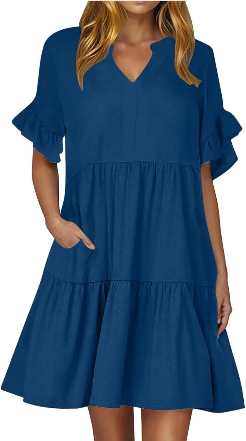 YRAETENM Summer Dresses for Women Ruffle Short Sleeve V Neck a Line Sundress Tiered Flowy Loose Mini Beach Dress with Pockets