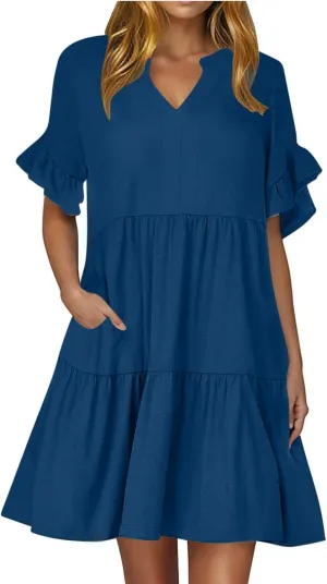 YRAETENM Summer Dresses for Women Ruffle Short Sleeve V Neck a Line Sundress Tiered Flowy Loose Mini Beach Dress with Pockets