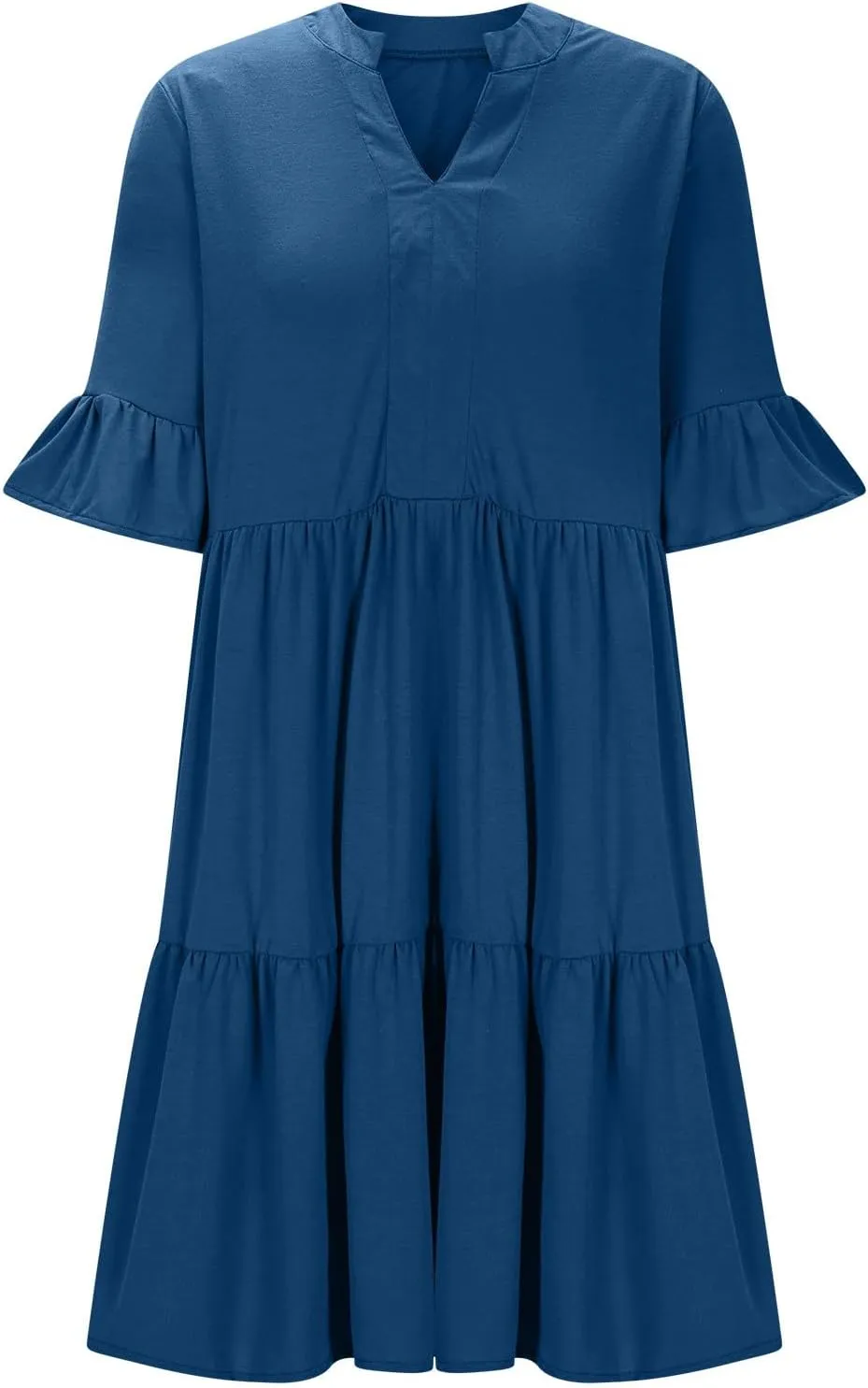 YRAETENM Summer Dresses for Women Ruffle Short Sleeve V Neck a Line Sundress Tiered Flowy Loose Mini Beach Dress with Pockets