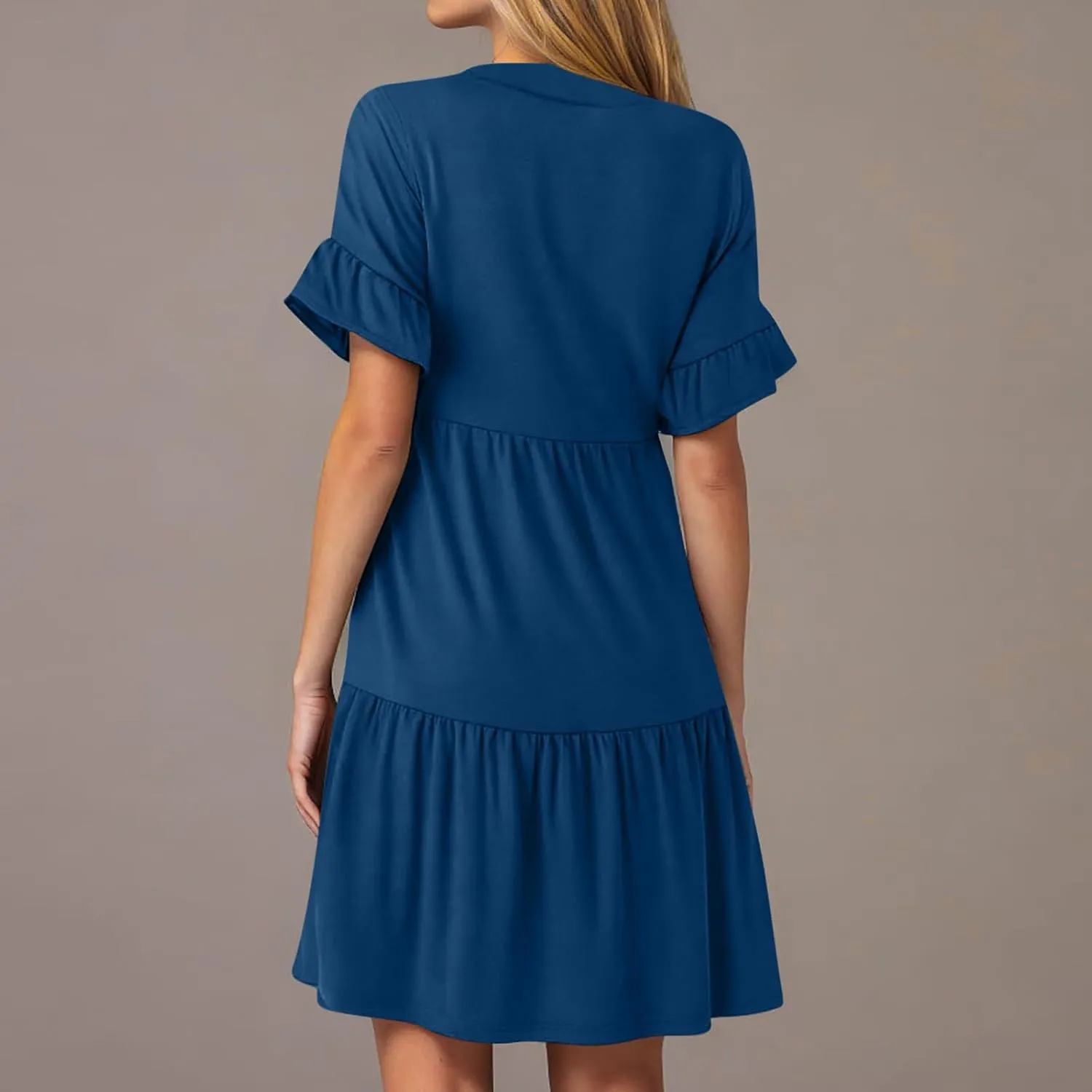 YRAETENM Summer Dresses for Women Ruffle Short Sleeve V Neck a Line Sundress Tiered Flowy Loose Mini Beach Dress with Pockets